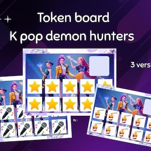 May include: Token board featuring K pop demon hunters. The image shows three versions of the board with different icons: stars, microphones, and ramen. The boards have a purple and white background with the text "Token board K pop demon hunters".