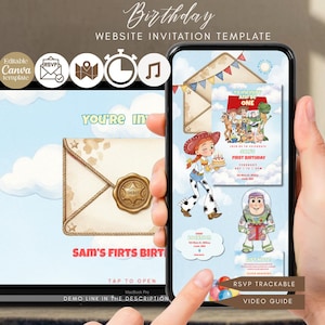 May include: A digital birthday website invitation template displayed on a laptop and smartphone screen. The design features cartoon characters, a sheriff badge envelope, and text including Birthday Website Invitation Template and Sam's First Birthday.