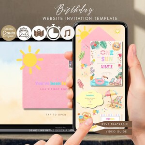 May include: A digital birthday website invitation template displayed on a laptop and smartphone screen. The design features a summer theme with a sun, tropical leaves, popsicles, a flamingo float, and beach chairs. Text includes "ONE IN THE SUN" and "LILY'S FIRST BIRTHDAY".