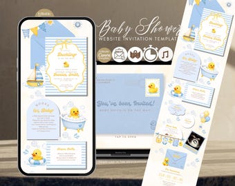 Rubber Duck Baby Shower Website, Little Duckling Invitation Canva Template with rsvp and music