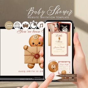 May include: A digital baby shower website invitation template displayed on a laptop screen and a smartphone. The design features a gingerbread character holding a brown envelope with a red wax seal, red and white striped borders, and text.