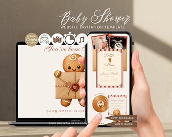 May include: A digital baby shower website invitation template displayed on a laptop screen and a smartphone. The design features a gingerbread character holding a brown envelope with a red wax seal, red and white striped borders, and text.