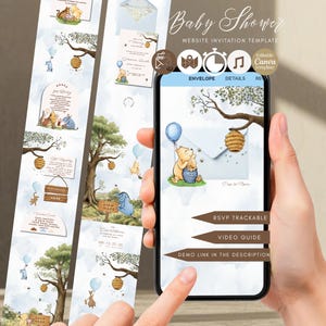May include: A digital baby shower invitation template featuring watercolor illustrations of Winnie the Pooh characters, a beehive, and blue balloons. The design includes text sections for event details, RSVP tracking, a video guide, and a demo link.