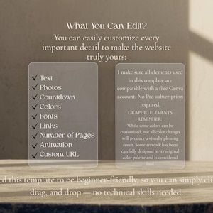 May include: A digital template information graphic with white text on a beige background. The text lists editable features including text, photos, countdown, colors, fonts, links, number of pages, animation, and custom URL, plus usage notes.