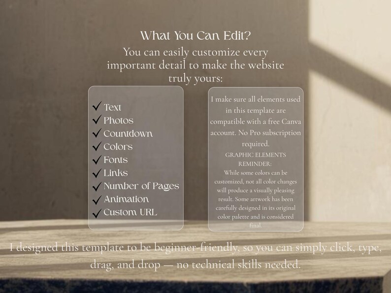May include: A digital template information graphic with white text on a beige background. The text lists editable features including text, photos, countdown, colors, fonts, links, number of pages, animation, and custom URL, plus usage notes.