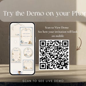 May include: A smartphone displaying a baby shower invitation suite with blue and beige illustrations of teddy bears and carriages. Next to the phone is a large black and white QR code. Text on the screen reads Try the Demo on your Phone and Scan to View Demo.