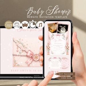 May include: A digital baby shower website invitation template displayed on a laptop screen and a smartphone. The design features a pink envelope with a bow, nutcracker illustrations, and text including Baby Shower Website Invitation Template.