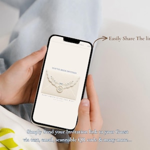 May include: A smartphone displaying a digital baby shower invitation featuring a cream-colored envelope with floral lace trim and a wax seal. The screen shows the text 'YOU'VE BEEN INVITED' and 'BABY SMITH IS ON THE WAY'. Includes the text 'Easily Share The link'.