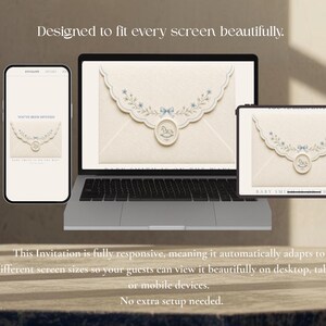 May include: A smartphone, a laptop, and a tablet displaying a digital invitation design featuring a cream-colored envelope with a scalloped edge, blue floral accents, a small blue bow, and a wax seal with a rocking horse icon. Text reads: Designed to fit every screen beautifully.