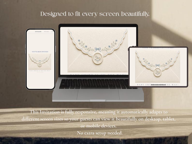 May include: A smartphone, a laptop, and a tablet displaying a digital invitation design featuring a cream-colored envelope with a scalloped edge, blue floral accents, a small blue bow, and a wax seal with a rocking horse icon. Text reads: Designed to fit every screen beautifully.