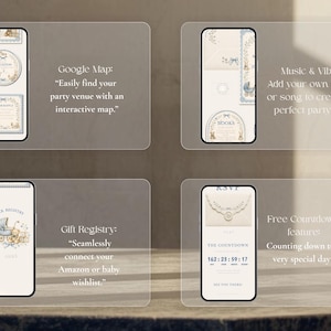 May include: Four smartphone screens displaying digital baby shower invitation templates with soft blue and cream illustrations of teddy bears and baby carriages. Text includes Google Map, Music & Vibes, Gift Registry, and Free Countdown feature.
