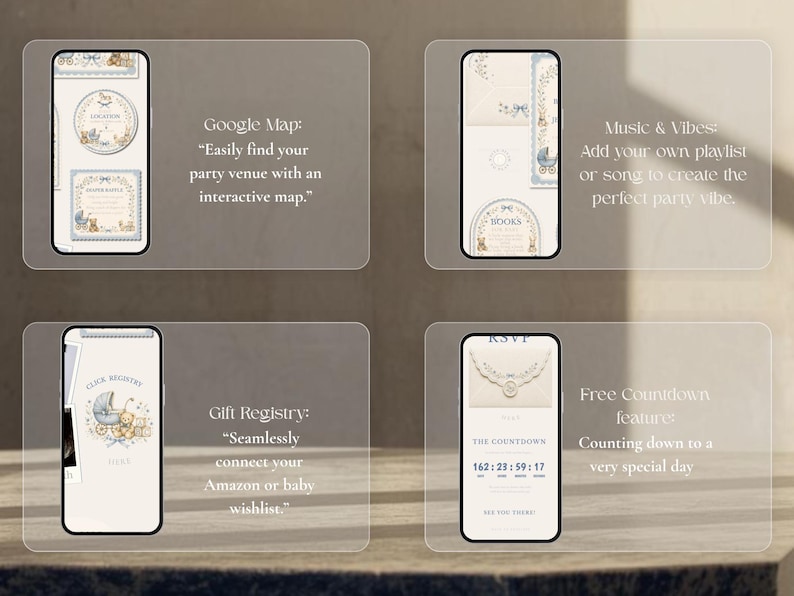 May include: Four smartphone screens displaying digital baby shower invitation templates with soft blue and cream illustrations of teddy bears and baby carriages. Text includes Google Map, Music & Vibes, Gift Registry, and Free Countdown feature.
