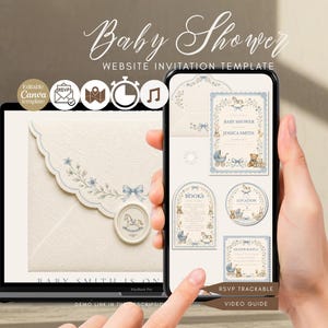 May include: A digital baby shower website invitation template displayed on a laptop screen and a smartphone. The design features a cream-colored envelope with blue floral accents, a rocking horse wax seal, and various cards with teddy bear graphics.
