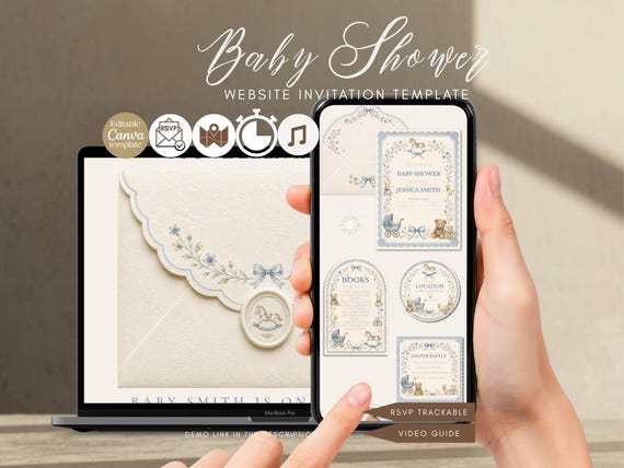 Blue Vintage Baby Shower Website Template, Teddy Bear Rocking Horse Canva Invitation with Rsvp
