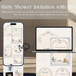 May include: A digital baby shower invitation displayed on a smartphone and a laptop screen. The design features a cream background with blue floral borders, a rocking horse, a baby carriage, and a teddy bear. Text includes Baby Shower and RSVP.
