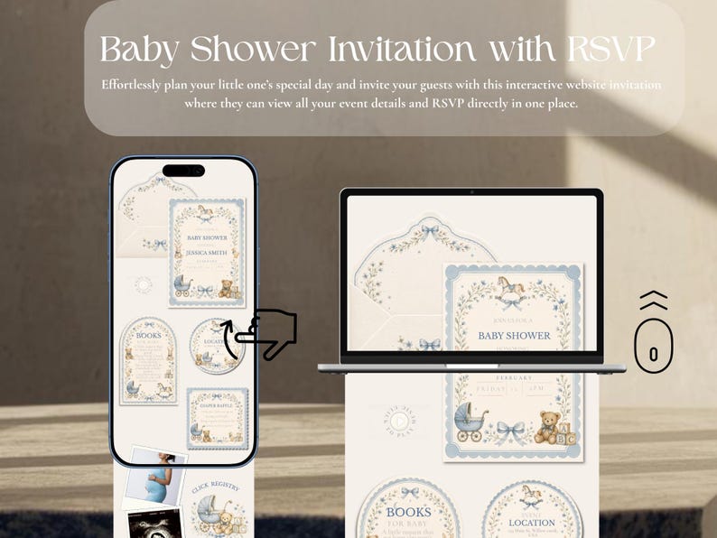 May include: A digital baby shower invitation displayed on a smartphone and a laptop screen. The design features a cream background with blue floral borders, a rocking horse, a baby carriage, and a teddy bear. Text includes Baby Shower and RSVP.