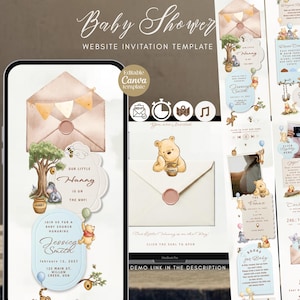 May include: A digital baby shower invitation template featuring a Winnie the Pooh theme. The design includes an envelope, a tree, and the text "Baby Shower WEBSITE INVITATION TEMPLATE". The invitation is on a smartphone screen and a long vertical strip.