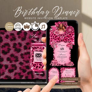 May include: A digital birthday dinner website invitation template featuring a vibrant pink leopard print theme. The design includes a flip phone graphic with a message notification, a stylised envelope, and text reading Birthday Dinner and Jessica's 30th Birthday.