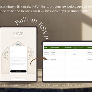 May include: Two digital tablets displaying a built-in RSVP system. The left tablet shows an invitation form with a floral envelope graphic and RSVP button. The right tablet displays a spreadsheet collecting guest responses. Text reads Built-in RSVP.