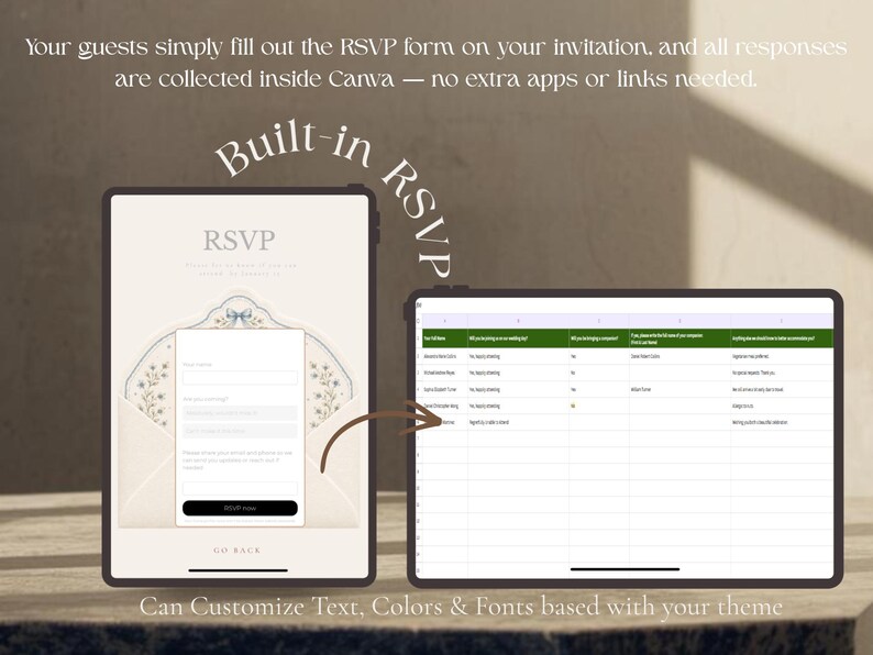 May include: Two digital tablets displaying a built-in RSVP system. The left tablet shows an invitation form with a floral envelope graphic and RSVP button. The right tablet displays a spreadsheet collecting guest responses. Text reads Built-in RSVP.