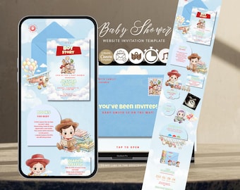 It's a Boy Story Baby Shower Mobile Website | Cowboy Space Canva Template with rsvp & registry