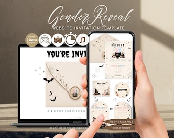 May include: A digital gender reveal website invitation template displayed on a laptop and smartphone screen. The design features a cream-colored envelope with a wax seal, bats, and spiderwebs, with text reading Gender Reveal, You're Invited, and Brewing.
