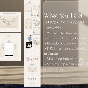 May include: A digital baby shower invitation template set featuring three pages of pre-designed Canva layouts. The design includes cream-colored envelopes, blue floral accents, baby-themed illustrations, an RSVP form, and a countdown timer.