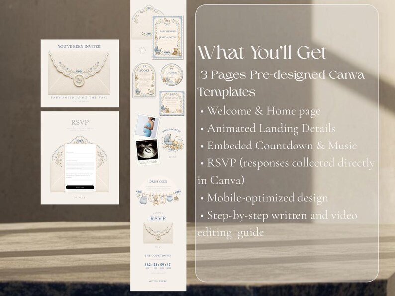 May include: A digital baby shower invitation template set featuring three pages of pre-designed Canva layouts. The design includes cream-colored envelopes, blue floral accents, baby-themed illustrations, an RSVP form, and a countdown timer.