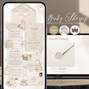 May include: A digital baby shower invitation template displayed on a phone and laptop. The design features a seashell theme with the text "Baby Shower Website Invitation Template". The invitation includes details for a baby shower with the text "A Little Pearl is on the Way!"