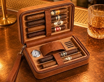 Personalized Engraved Leather Cigar Case, Travel Cigar Humidor with Hygrometer, Holds 6 Cigars, Custom Cigar Accessory Gift for Men