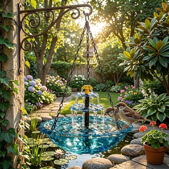 Outdoor Solar Bird Bath Fountain, Hanging Water Fountain Patio Decor, Garden Hummingbird Feeder