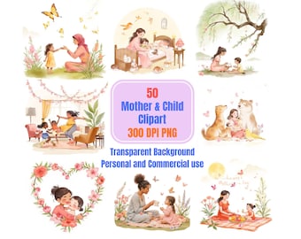 50 imágenes prediseñadas de madre e hijo en acuarela / Gráficos PNG pintados a mano (descarga digital)