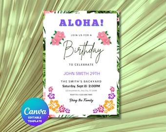 Hawaiiaanse verjaardag bewerkbare uitnodigingssjabloon | Tropische luau-feestuitnodiging (digitale download)