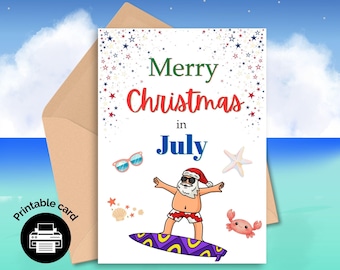 Surfende kerstman Kerstmis in juli Kaart | Strandvakantiegroet (digitale download)
