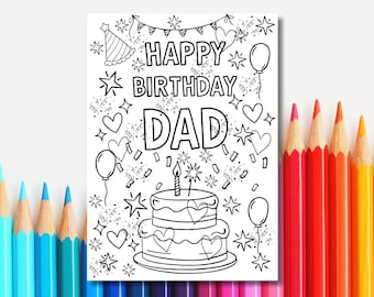 Gelukkige verjaardag papa kleurplaat 5 x 7 kaart, zwart-wit afdrukbaar, blanco binnenkant, DIY digitale download
