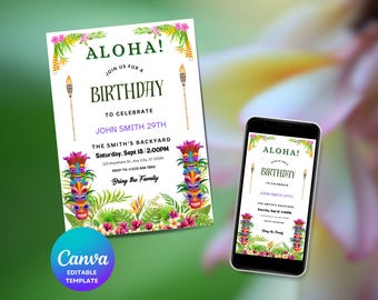 Tiki-verjaardagsuitnodiging, tropische luau-feestuitnodiging, bewerkbare canva-sjabloon (direct downloaden)