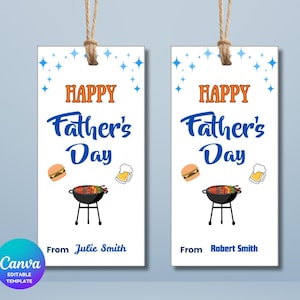 May include: Two white Father's Day gift tags with a blue and orange design. The tags read "HAPPY Father's Day" with illustrations of a burger, beer, and a grill. One tag says "From Julie Smith" and the other says "From Robert Smith".