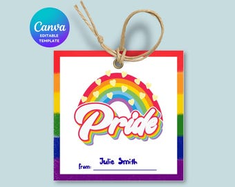 Bewerkbare Pride Month-cadeaulabel afdrukbaar, regenboog LGBTQ+-bedankkaartjes, Canva-sjabloon direct downloaden