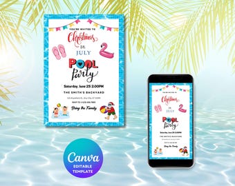 Uitnodiging zwembadfeest Kerstmis in juli bewerkbare digitale download
