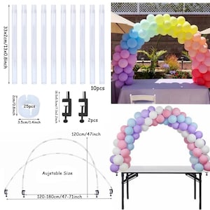 May include: A balloon arch kit with clear plastic poles, clips, and base supports. The kit includes 10 poles, 25 base supports, and 2 clips. The arch can be adjusted from 120cm to 180cm (47-71 inches).