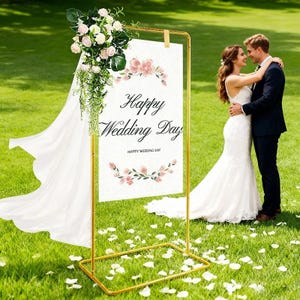 May include: A gold metal wedding sign with the text "Happy Wedding Day" and floral accents. The sign is decorated with flowers and greenery. A couple is embracing in front of the sign on a grassy lawn.