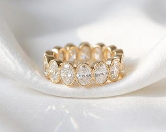 Oval Cut Lab Grown Diamond Full Eternity Band, 14K Yellow Gold CVD Diamond Wedding Band, Conflict Free Stackable Diamond Band For Women