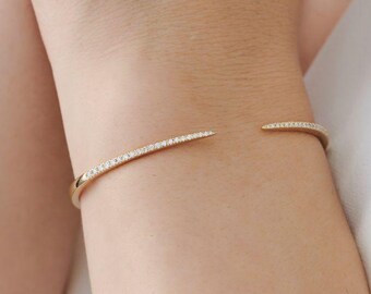 Adjustable Open Cuff Bracelet, Minimalist Lab Diamond Bangle, Stackable Handmade Gold Bangle, Gold Cuff Bracelet, Anniversary Gift for Her
