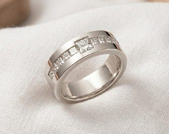 Princess Cut Lab Grown Diamond Band For Him, Princess Diamond Engagement Band For Anniversary Gift, 14k Gold Dainty Band For Wedding Gift