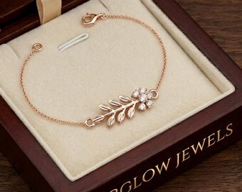 Rose Gold Moissanite Floral Bracelet, 925 Sterling Silver Flower Bracelet, Dainty Bridal Bracelet, Wedding Jewelry, Anniversary Gift for Her