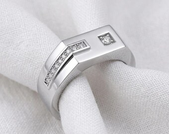Męski pierścionek sygnet z diamentami, nowoczesny geometryczny pierścionek dla mężczyzn, pierścionek z diamentem hodowanym laboratoryjnie, minimalistyczna męska obrączka ślubna, pierścionek z białego złota