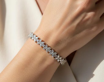 Round & Marquise Moissanite Diamond Bracelet, Floral Tennis Bracelet White Gold, Flower Engagement Bracelet, Luxury Bridal Bracelet for Her