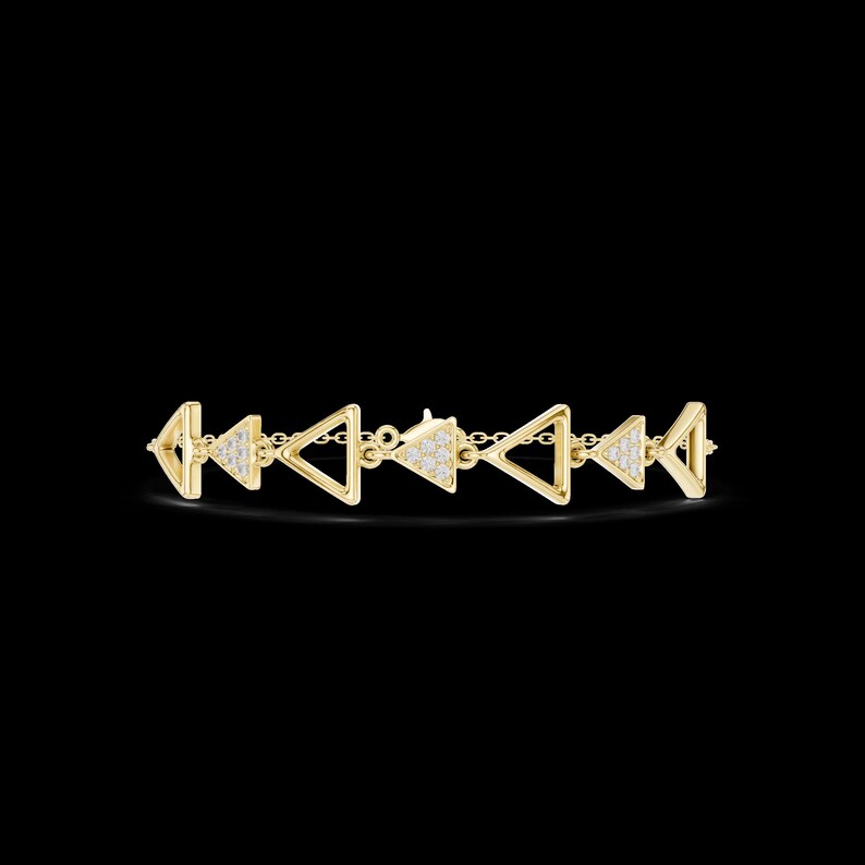 Solid Gold Triangle Bracelet with Diamond Accents, Minimalist Geometric Chain Everyday Jewelry, Wedding Anniversary Gift for Her image 2