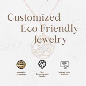 May include: A gold-toned necklace with a circular pendant, adorned with small diamonds and a central gemstone. The image includes text: "Customized Eco Friendly Jewelry," "Best Price Guarantee," and "Jewelry With Certificate."