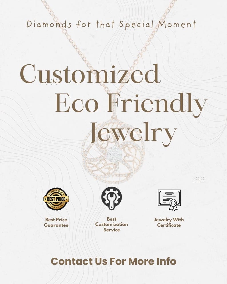 May include: A gold-toned necklace with a circular pendant, adorned with small diamonds and a central gemstone. The image includes text: "Customized Eco Friendly Jewelry," "Best Price Guarantee," and "Jewelry With Certificate."